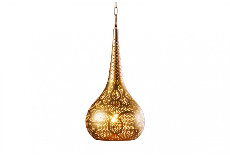 Závesná lampa Fatima v orientálnom štýle z kovu v zlatej farbe okrúhleho pôdorysu s orientálnym perforovaným vzorom so závesnou retiazkou
