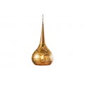 Závesná lampa Fatima v orientálnom štýle z kovu v zlatej farbe okrúhleho pôdorysu s orientálnym perforovaným vzorom so závesnou retiazkou