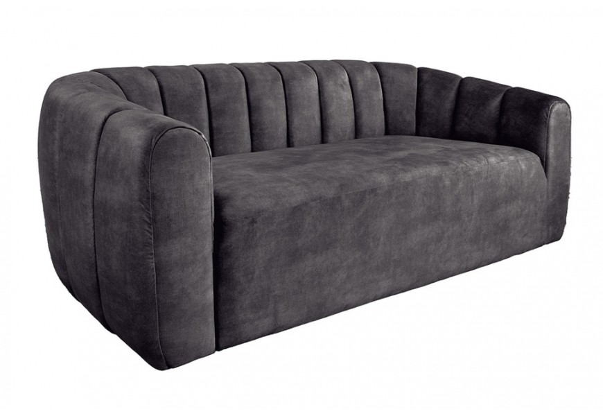 Moderná dizajnová trojmiestna sedačka Alis s oblými opierkami a vertikálnym prešívaním v tmavosivom zamatovom poťahu