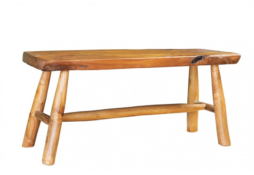 Vidiecka lavica Sorin z masívneho teakového dreva s nepravidelnými hranami a robustnou sedacou časťou s výraznou prírodnou štruktúrou