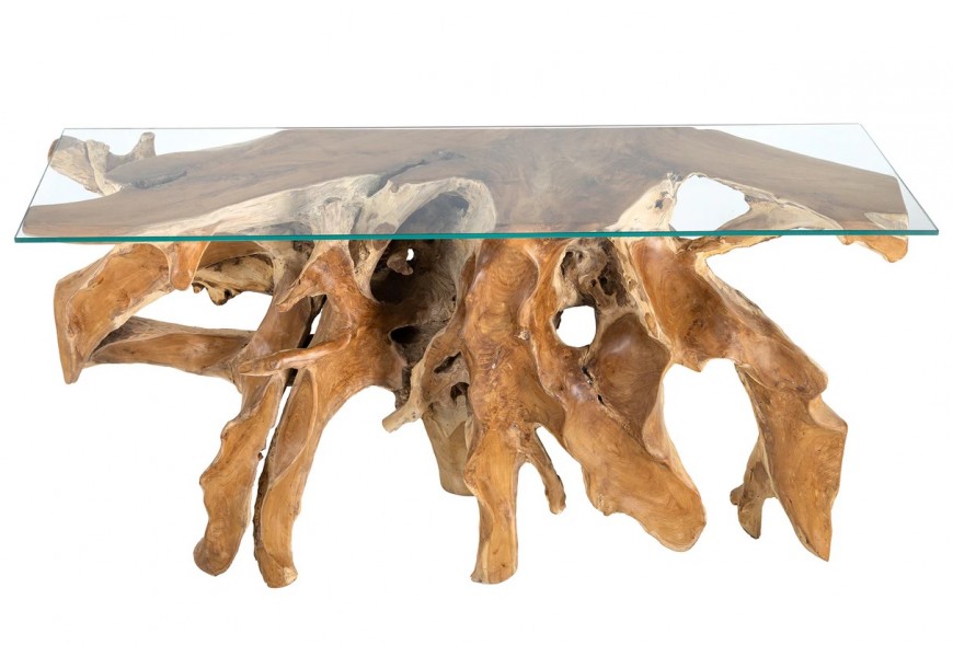 Luxusný vidiecky obdĺžnikový hnedý konzolový stolík Root s vrchnou doskou z priehľadného bezpečnostného skla a nohou z teakového dreva v organickom tvare koreňového systému