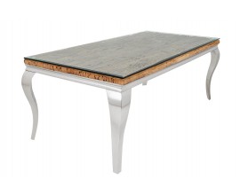 Luxusný chrómový obdĺžnikový jedálenský stôl Modern Barock s kabriolovými nohami a doskou z hnedého dreva a skla 200 cm