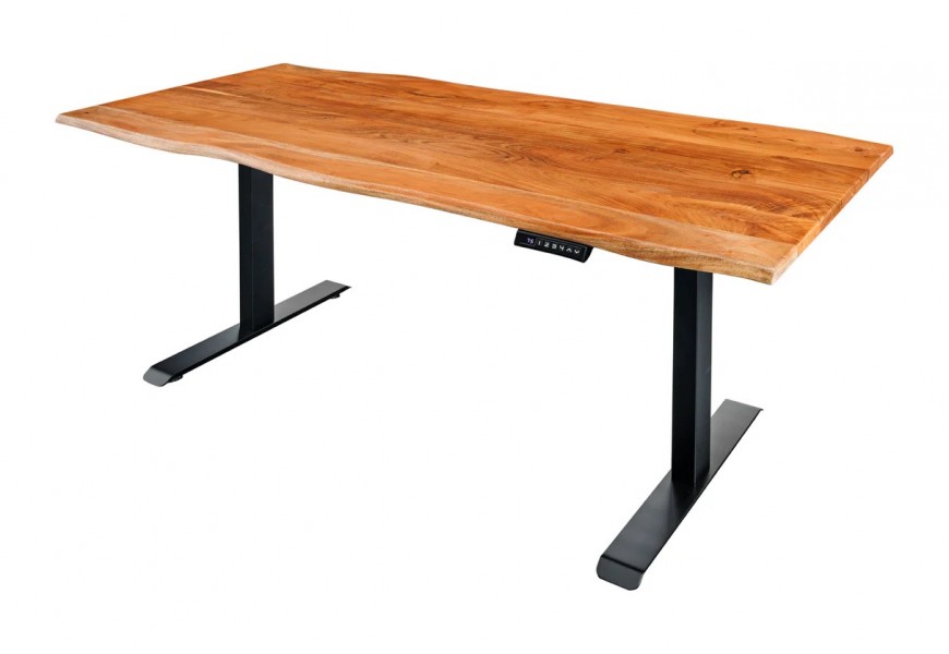 Moderný industriálny písací stôl Mammut s obdĺžnikovou vrchnou doskou z masívneho akáciového dreva v medovej hnedej farbe s čiernou kovovou podstavou s funkciou výškového nastavenia
