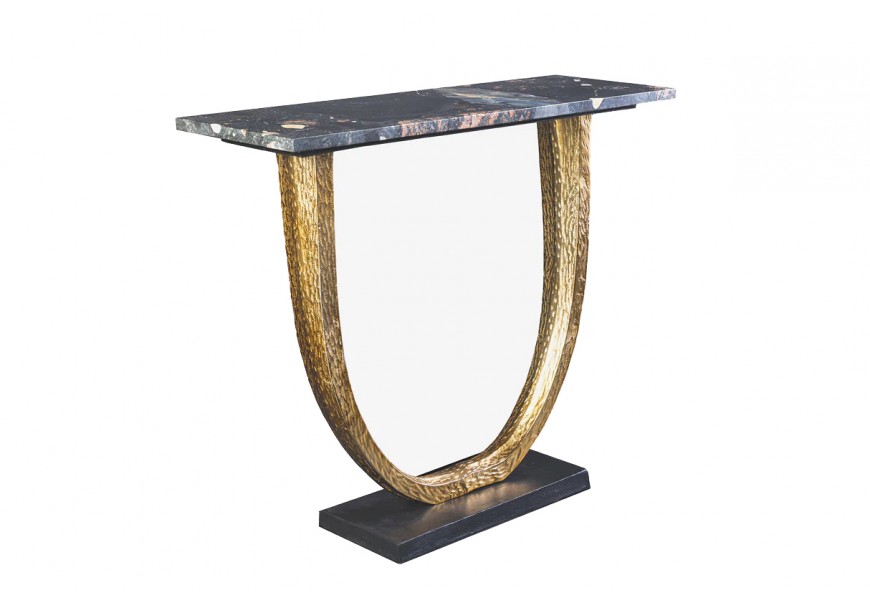 Art deco konzolový stolík Lorentia s čiernou mramorovou doskou s medenými a béžovými žilkami a zlatou oblúkovou kovovou konštrukciou s plastickým povrchom