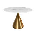 Luxusný glamour jedálenský stôl Elina v bielej farbe s vrchnou mramorovou doskou so sivými žilkami a kužeľovou nohou v zlatej farbe z kovu v okrúhlom tvare