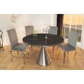 Luxusný mramorový art deco okrúhly jedálenský stôl Elina so striebornou kovovou kužeľovou nohou a čiernou doskou 130 cm