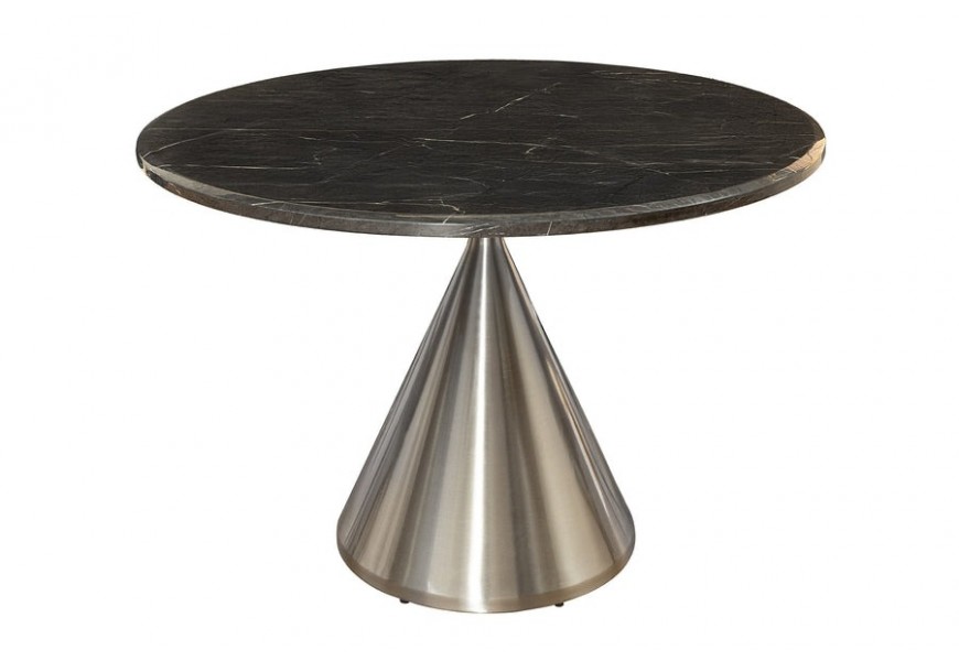 Luxusný mramorový art deco okrúhly jedálenský stôl Elina so striebornou kovovou kužeľovou nohou a čiernou doskou 130 cm
