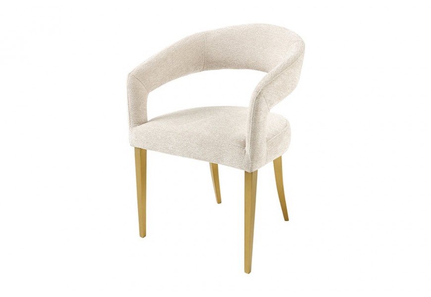Moderná glamour jedálenská stolička Lunit s béžovým poťahom s oblým operadlom a výrezom s čalúnením a nožičkami z kovu v zlatej farbe