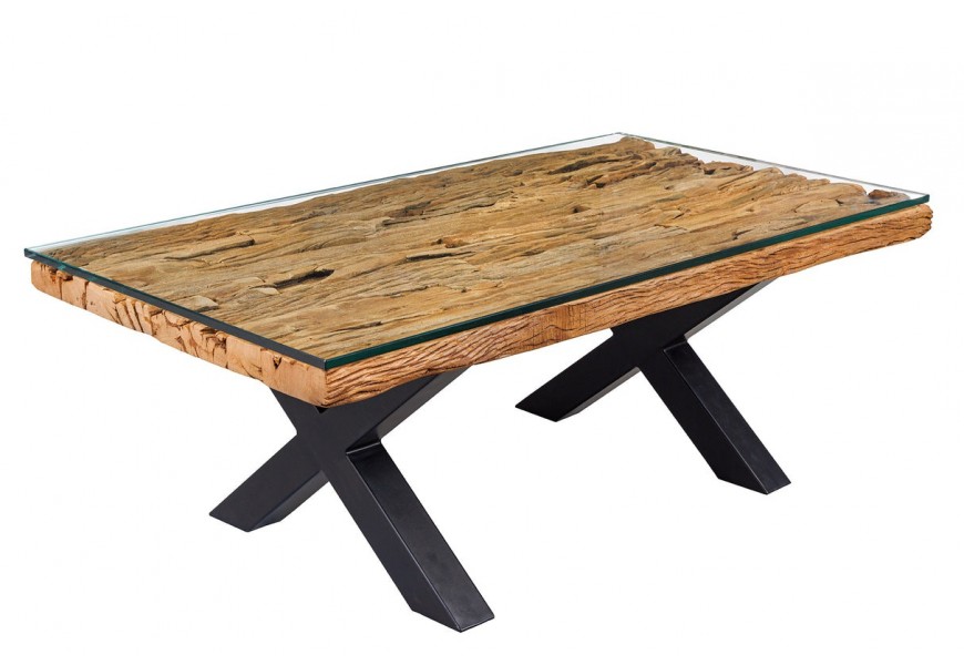 Dizajnový moderný obdĺžnikový konferenčný stolík Barracuda s hnedou teakovou a sklenenou doskou a čiernymi nohami 110 cm