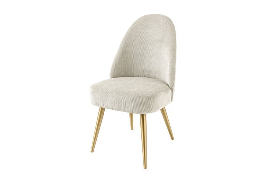 Dizajnová glamour jedálenská stolička Jana s čalúnením a textilným vrúbkovaným poťahom v béžovej farbe s nožičkami z kovu v zlatej šampanskej farbe