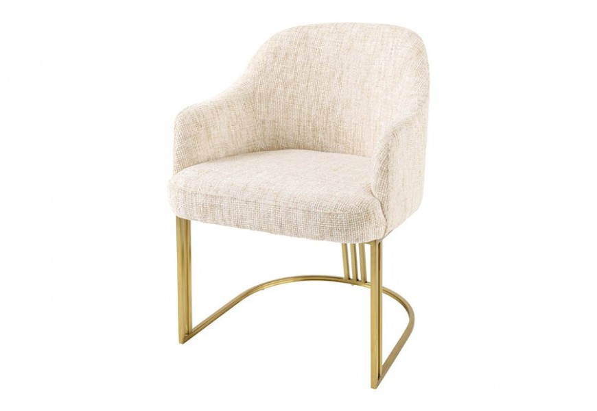 Štýlová art deco ženilková béžová jedálenská stolička Hejdy v oblom tvare s kovovou zlatou nohou 81 cm