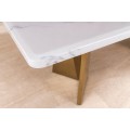 Luxusný obdĺžnikový art deco biely mramorový jedálenský stôl Hejdy s kovovými zlatými geometrickými nožičkami 200 cm