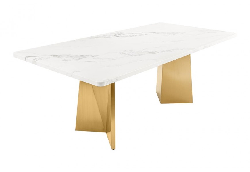 Luxusný obdĺžnikový art deco biely mramorový jedálenský stôl Hejdy s kovovými zlatými geometrickými nožičkami 200 cm
