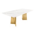 Luxusný obdĺžnikový art deco biely mramorový jedálenský stôl Hejdy s kovovými zlatými geometrickými nožičkami 200 cm