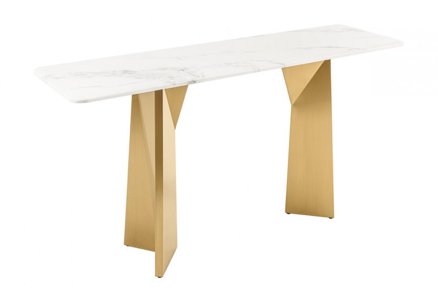 Dizajnový art deco obdĺžnikový konzolový stolík Hejdy s vrchnou doskou z bieleho mramoru so sivou kresbou a dvomi nohami z kovu v zlatej farbe s atypickým geometrickým tvarom