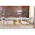 Dizajnový glamour obdĺžnikový jedálenský stôl Arturo s bielou mramorovou doskou a zlatou asymetrickou podstavou 200 cm