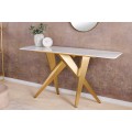 Dizajnový art deco konzolový stolík Arturo s bielou doskou z mramoru a atypickou geometrickou zlatou podstavou 140 cm