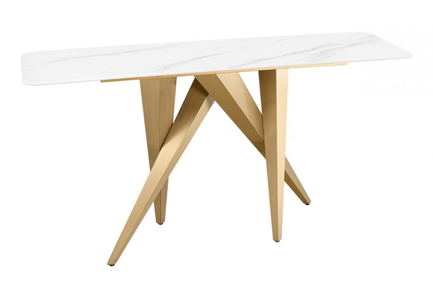 Mramorový glamour obdĺžnikový konzolový stolík Arturo s bielou vrchnou doskou so sivým žilkovaním a podstavou z kovu v zlatej farbe s atypickým dizajnom s prekríženými geometrickými nohami