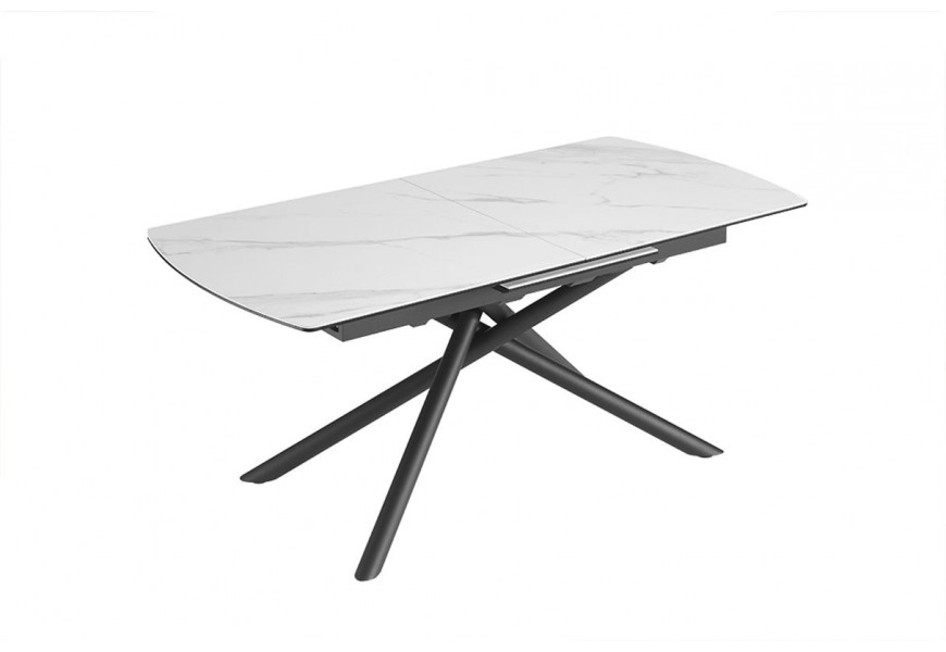 Luxusný rozkladací obdĺžnikový jedálenský stôl Marbleux s mramorovým keramickým povrchom a čiernymi kovovými nohami v industriálnom štýle