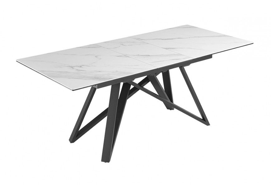 Luxusný jedálenský stôl Marbleux s rozkladacou funkciou s vrchnou doskou z mramoru v bielej farbe so sivými žilkami s nožičkami z kovu v čiernej farbe