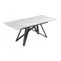 Luxusný jedálenský stôl Marbleux s rozkladacou funkciou s vrchnou doskou z mramoru v bielej farbe so sivými žilkami s nožičkami z kovu v čiernej farbe