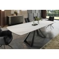 Luxusný rozkladací industriálny mramorový biely jedálenský stôl Marbleux s čiernymi kovovými nohami a oblými rohmi 230 cm