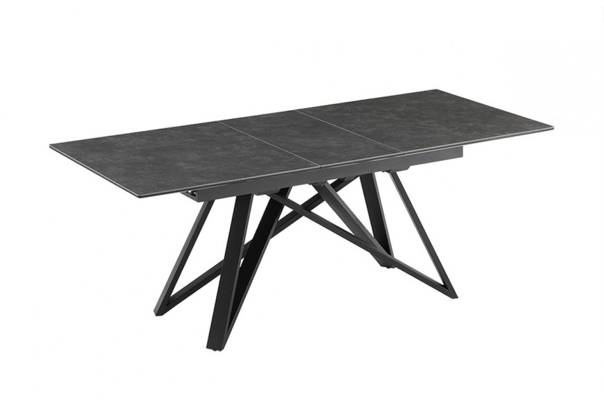 Luxusný moderný jedálenský stôl Marbleux v obdĺžnikovom tvare s atypickými prekríženými nožičkami v čiernej farbe z kovu s vrchnou rozkladacou doskou z mramoru