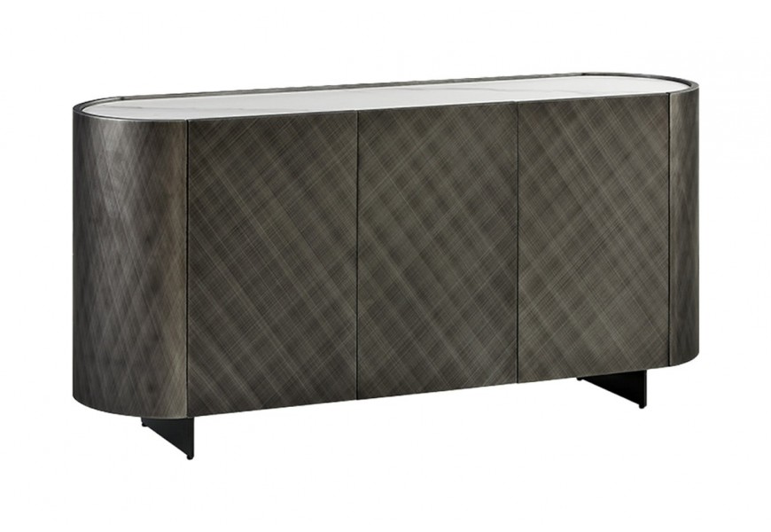 Luxusný oválny art deco antracitový sivý trojdverový príborník Monac s vrchnou bielou mramorovou doskou 150 cm