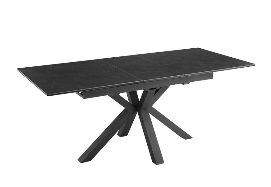 Dizajnový industriálny čierny rozkladací jedálenský stôl Marbleux s obdĺžnikovou porcelánovou vrchnou doskou a kovovými prekríženými hranatými nohami