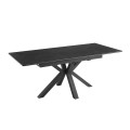 Dizajnový industriálny čierny rozkladací jedálenský stôl Marbleux s obdĺžnikovou porcelánovou vrchnou doskou a kovovými prekríženými hranatými nohami