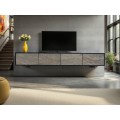 Luxusný moderný nástenný TV stolík Elentia v čiernej farbe so štyrmi dvierkami so sivým reliéfom z prírodného kameňa 200 cm