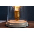 Dizajnová retro stolná lampa Edison s hnedou drevenou podstavou a priehľadným skleneným tienidlom 22 cm