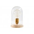 Dizajnová sklenená nočná lampa Edison s okrúhlou podstavou z hnedého masívneho dreva so zlatou kovovou konštrukciou a priehľadným tienidlom v tvare skleneného zvonu