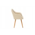 Dizajnová škandinávska čalúnená krémová jedálenská stolička Scandinavia s opierkami na ruky a masívnymi hnedými nohami 85 cm