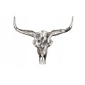 Dizajnová moderná nástenná dekorácia Matador v tvare lebky býka z kovu v striebornej farbe s veľkými zahnutými rohami