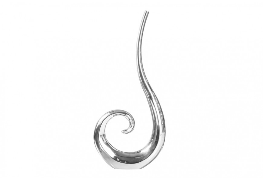 Dizajnová moderná strieborná váza Vlna z kovu so štíhlym hrdlom a zatočenou podstavou v tvare špirály