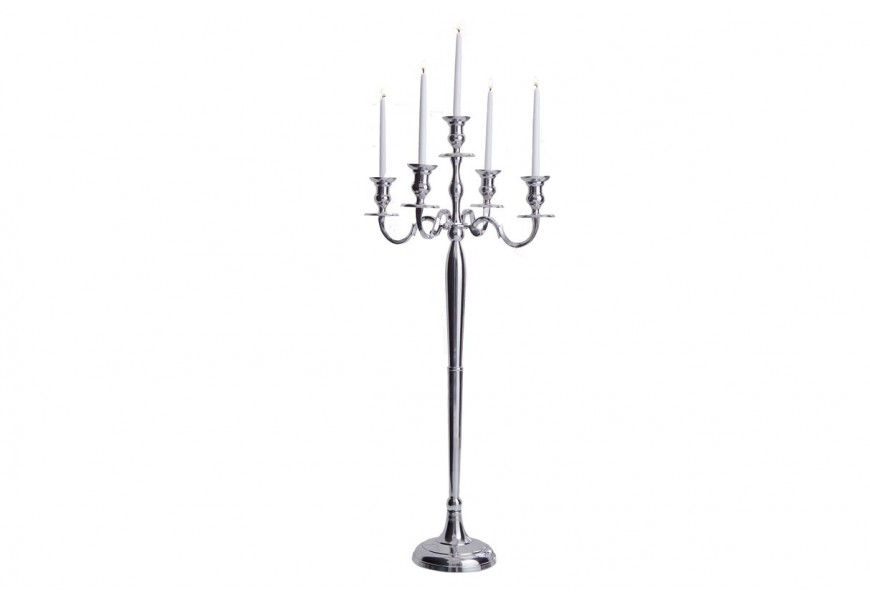 Klasický zámocký vysoký strieborný kovový 5 ramenný svietnik Modern barock s lesklým povrchom 120 cm