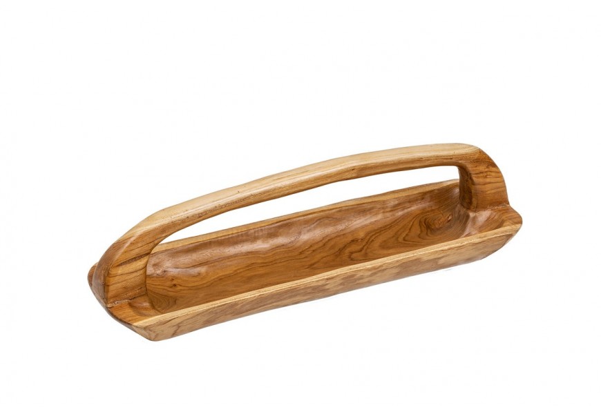Štýlová vidiecka oválna misa Bali s rukoväťou v hnedej farbe z masívneho teakového dreva s výraznou štruktúrou 60 cm 