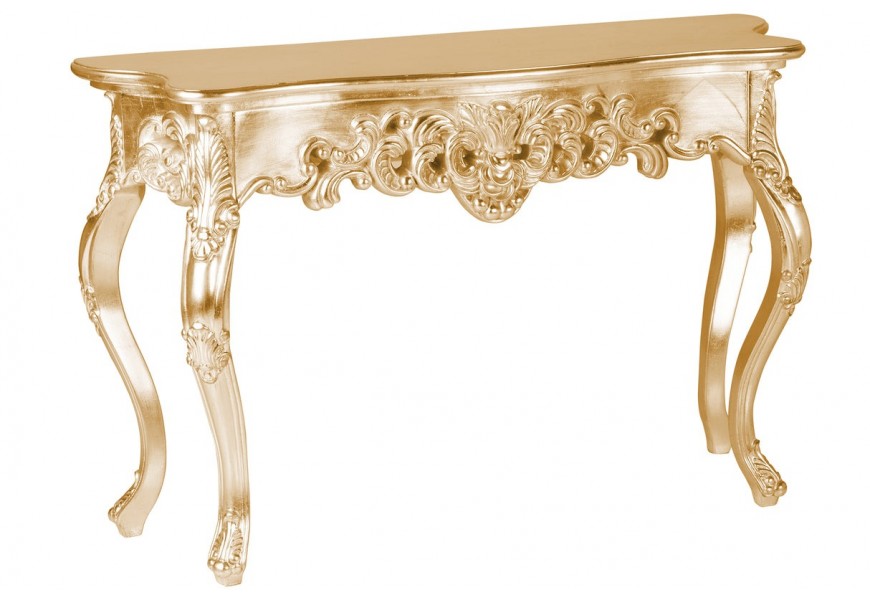 Glamour barokový obdĺžnikový konzolový stolík Venice z dreva so zlatým lakovaním s dvakrát prehnutými kabriolovými nohami a bohatým vyrezávaným zdobením s florálnymi motívmi