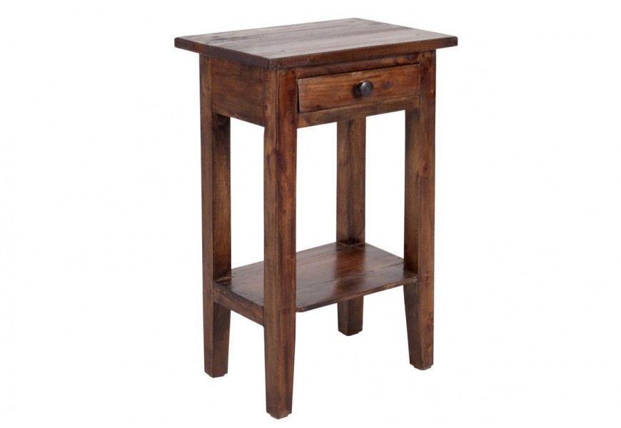 Vintage vidiecky obdĺžnikový príručný stolík Hemingway z masívneho mahagónového dreva v tmavej hnedej farbe s jednou zásuvkou pod vrchnou doskou a otvorenou policou v spodnej časti