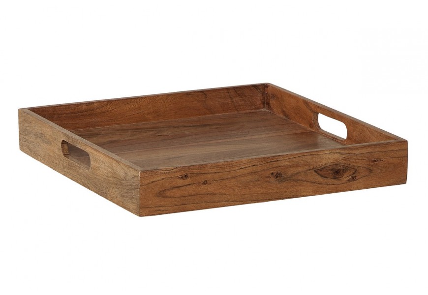 Štýlová vidiecka servírovacia tácka Ciano v hnedej farbe z masívneho dreva v štvorcovom tvare