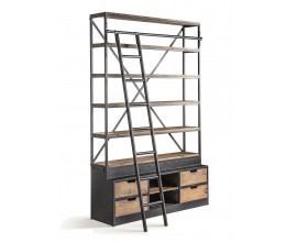 Luxusná industriálna knižnica Ivalo so šiestimi policami a štyrmi zásuvkami a rebríkom z čierneho kovu a hnedého dreva 245 cm