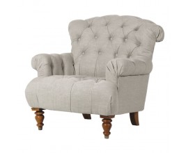 Chesterfield sivé kreslo Lavenham s hlbokým prešívaním z ľanu s vysokým operadlom a sústruženými prednými drevenými nožičkami vidieckeho štýlu