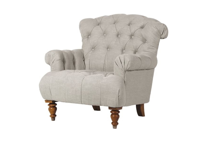 Chesterfield sivé kreslo Lavenham s hlbokým prešívaním z ľanu s vysokým operadlom a sústruženými prednými drevenými nožičkami vidieckeho štýlu