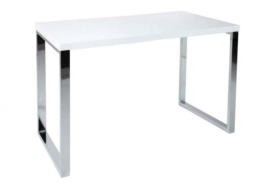 Moderný lesklý písací stôl Linear s bielou obdĺžnikovou doskou a geometrickými kovovými nohami v chrómovej striebornej farbe