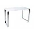 Moderný lesklý písací stôl Linear s bielou obdĺžnikovou doskou a geometrickými kovovými nohami v chrómovej striebornej farbe