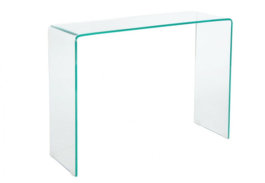 Moderný priehľadný sklenený písací stôl Ghost z jedného kusu ohýbaného skla v obdĺžnikovom tvare s oblými rohmi a hladkým povrchom