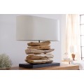 &Scaron;t&yacute;lov&aacute; etno stoln&aacute; lampa Duna s mas&iacute;vnou hnedou drevenou z&aacute;kladňou a b&eacute;žov&yacute;m ov&aacute;lnym ľanov&yacute;m tienidlom 55 cm