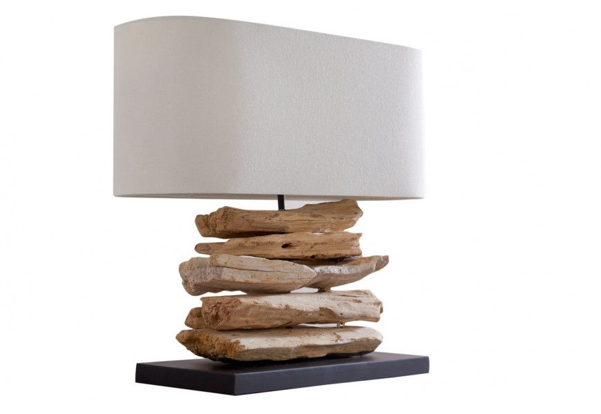 &Scaron;t&yacute;lov&aacute; etno stoln&aacute; lampa Duna s mas&iacute;vnou hnedou drevenou z&aacute;kladňou a b&eacute;žov&yacute;m ov&aacute;lnym ľanov&yacute;m tienidlom 55 cm