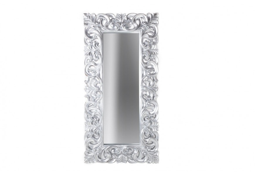 Klasické obdĺžnikové strieborné nástenné zrkadlo Venice so zdobeným rámom v barokovom štýle 180 cm
